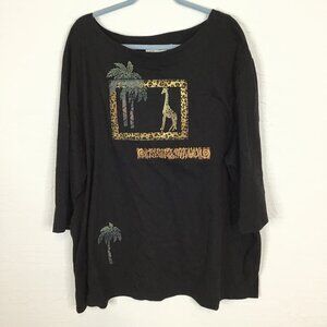 Studio G Top Women Size 2X Black Animal Print 3/4 Sleeve Pullover Round Neck